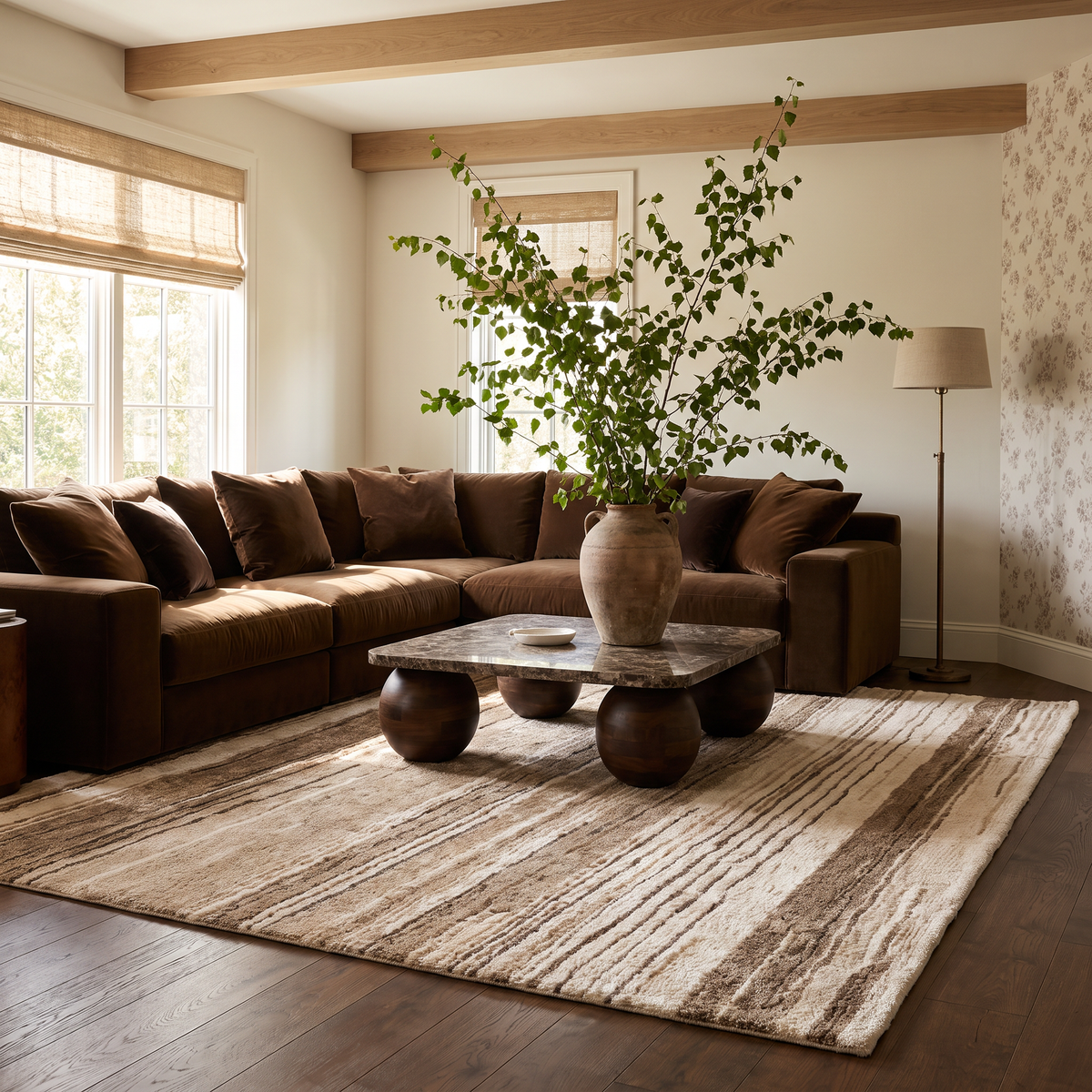 Esker Linear Abstract Contemporary Beige and Brown Indoor Rug