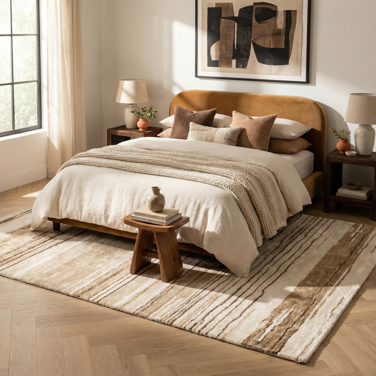 Esker Linear Abstract Contemporary Beige and Brown Indoor Rug
