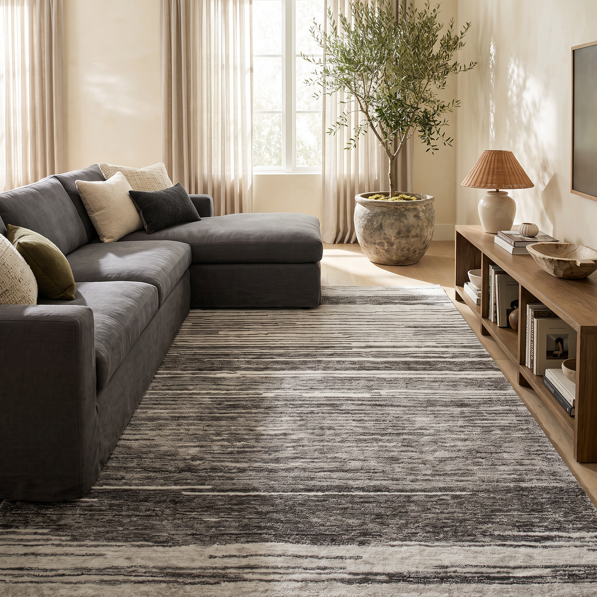 Esker Linear Abstract Contemporary Grey and Black Indoor Rug