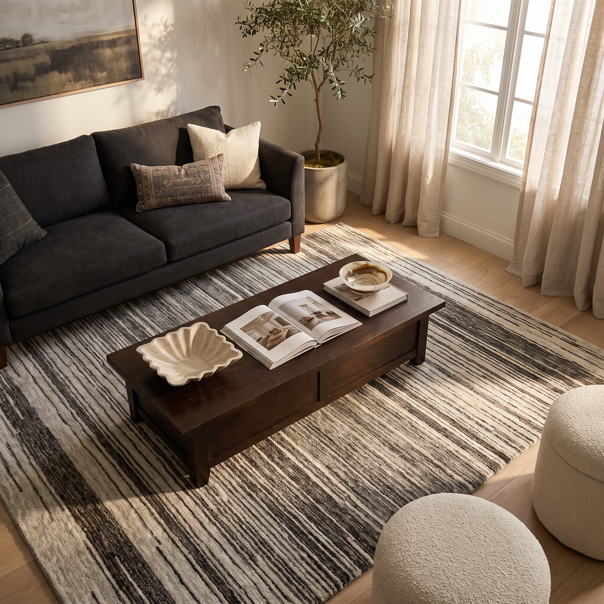 Esker Linear Abstract Contemporary Grey and Black Indoor Rug