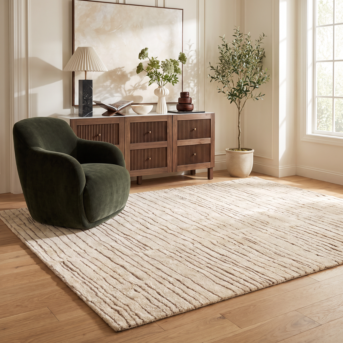 Noma Striped Contemporary Beige and Grey Indoor Rug