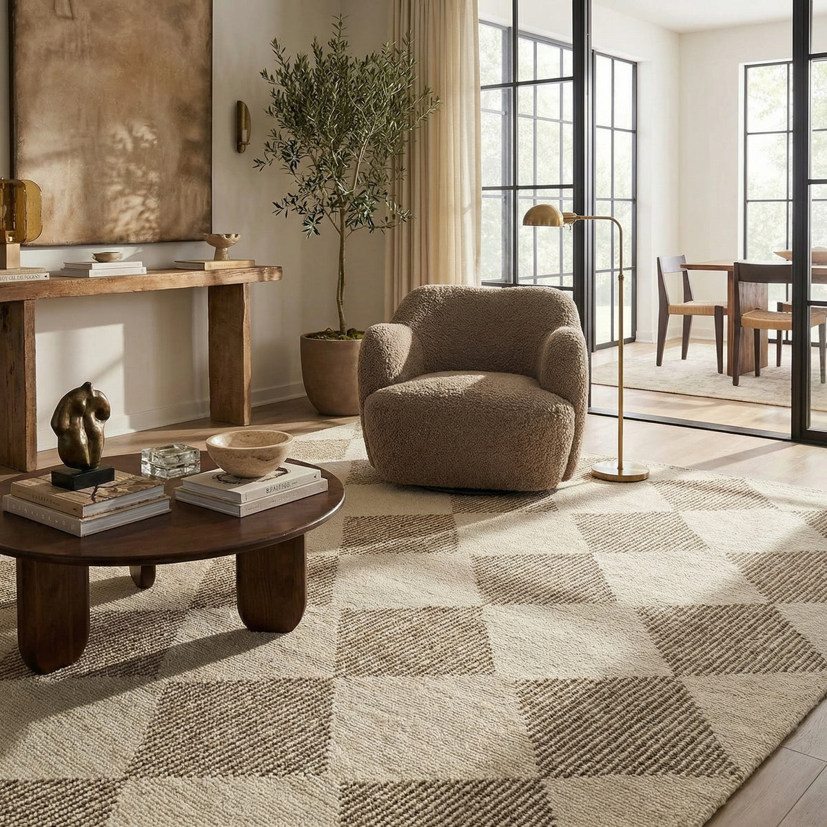 Sepia Checkered Contemporary Beige and Brown Indoor Rug