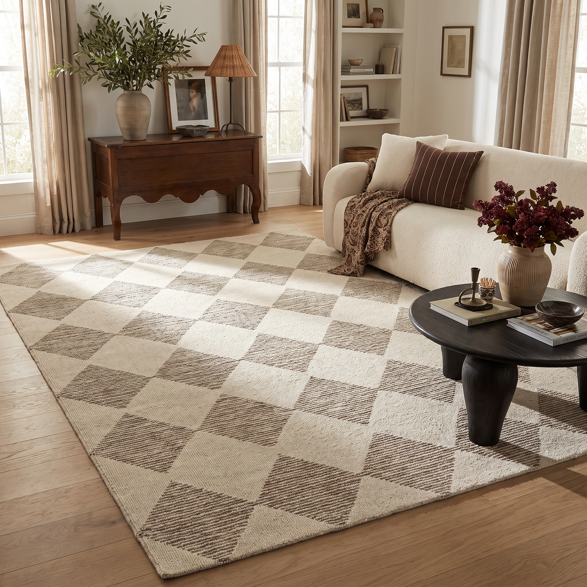 Alfombra de Interior Beige y Marrón Contemporánea a Cuadros Sepia