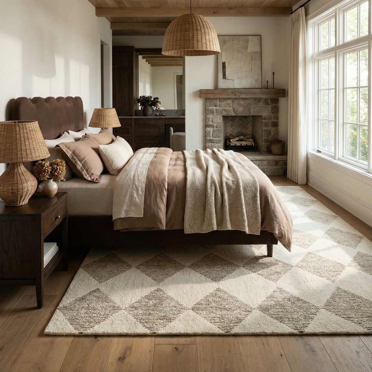 Sepia Checkered Contemporary Beige and Brown Indoor Rug