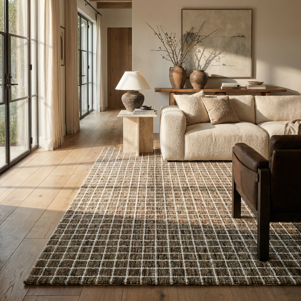 Alfombra de interior contemporánea a cuadros marrón y gris Mojavi