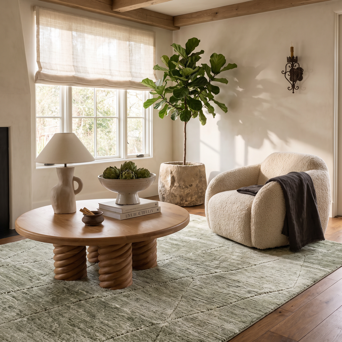 Tapis d'intérieur Lino uni ton sur ton contemporain vert olive