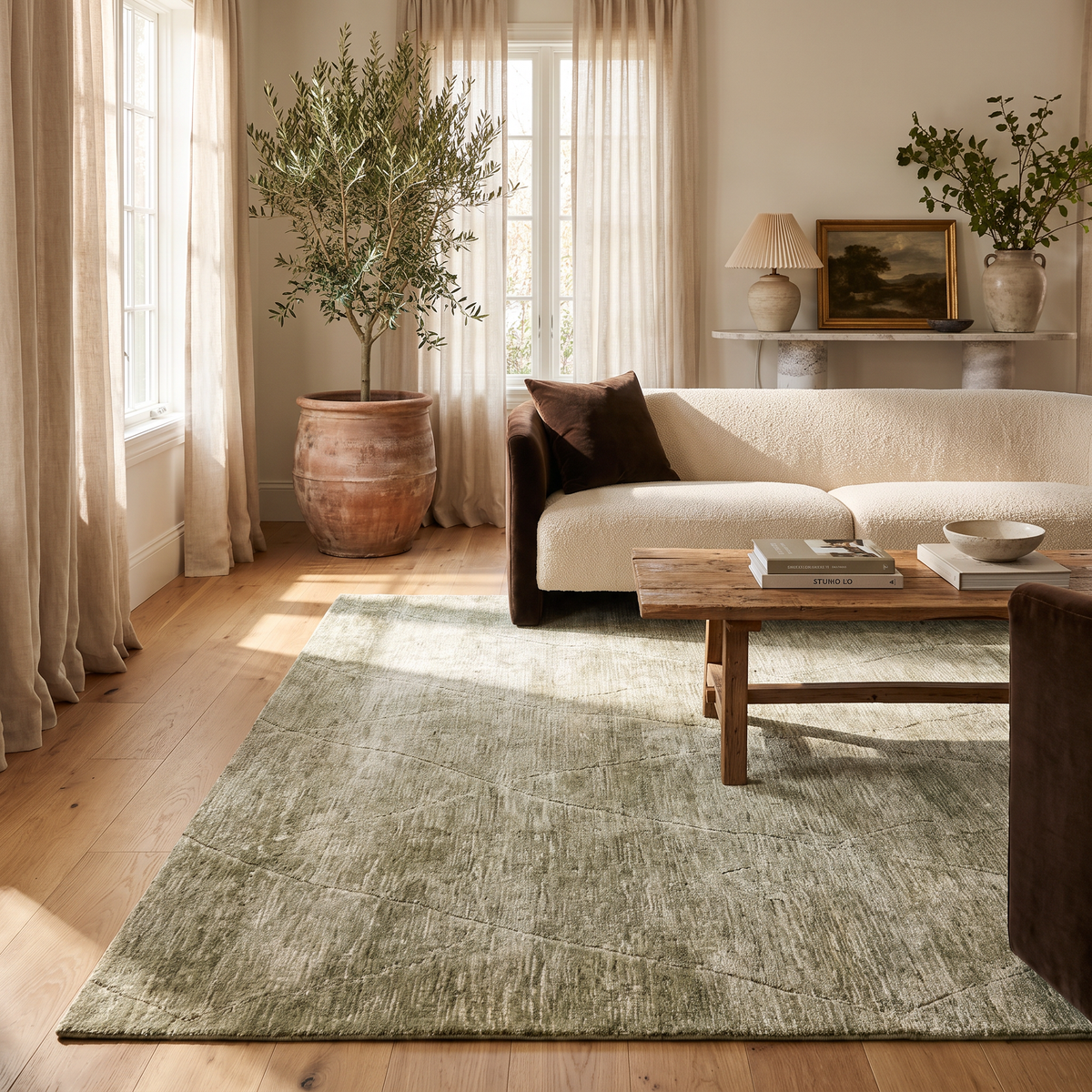 Lino Tonal Solid Contemporary Olive Green Indoor Rug