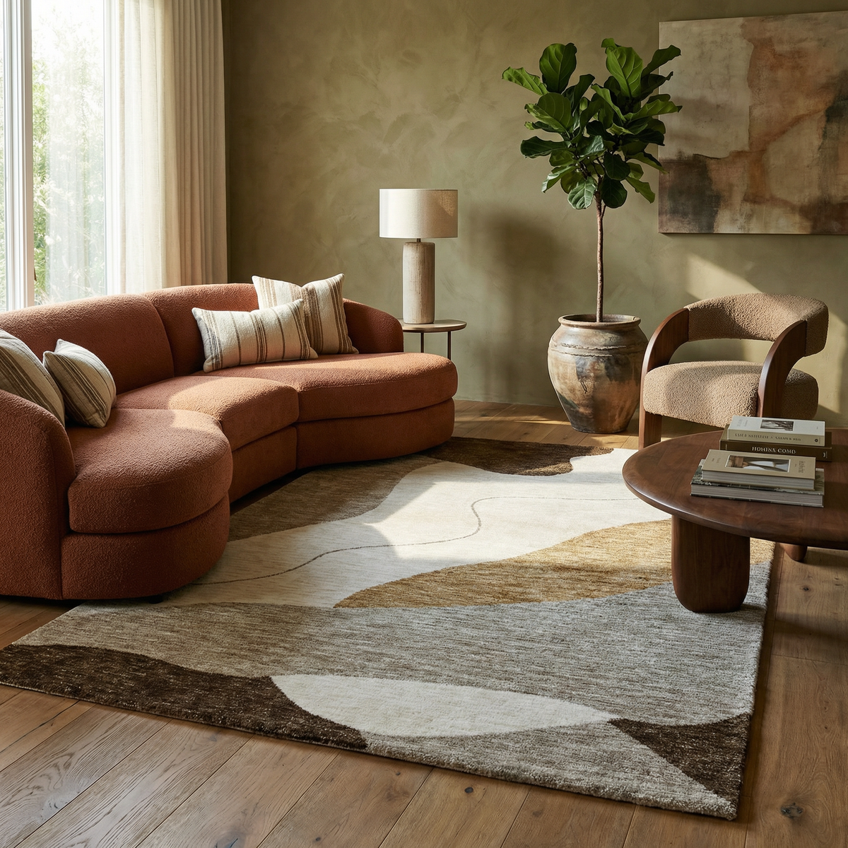 Tapis d'intérieur Eira abstrait contemporain beige et brun