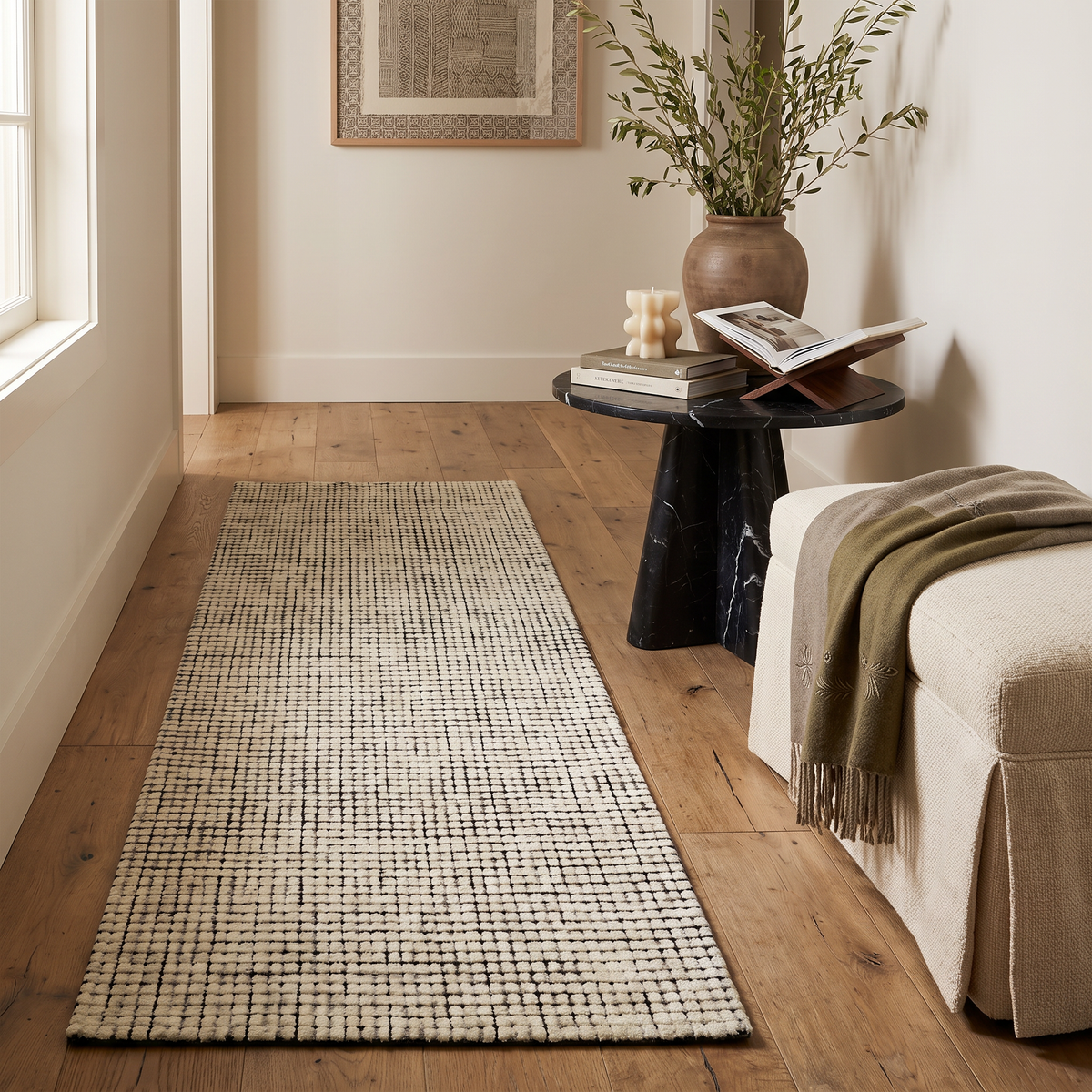 Alfombra Interior Contemporánea a Cuadros Moru Beige y Negra