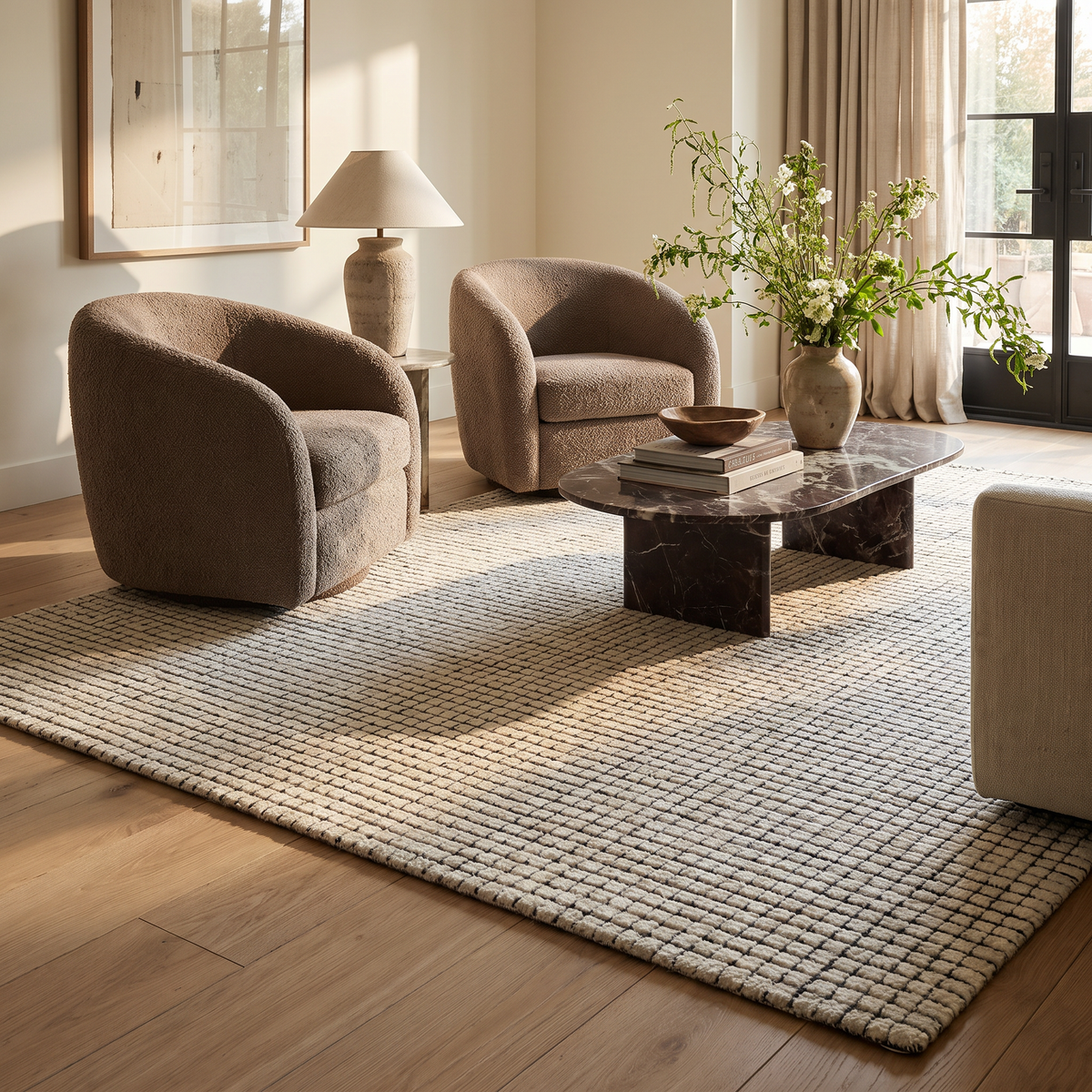 Alfombra Interior Contemporánea a Cuadros Moru Beige y Negra