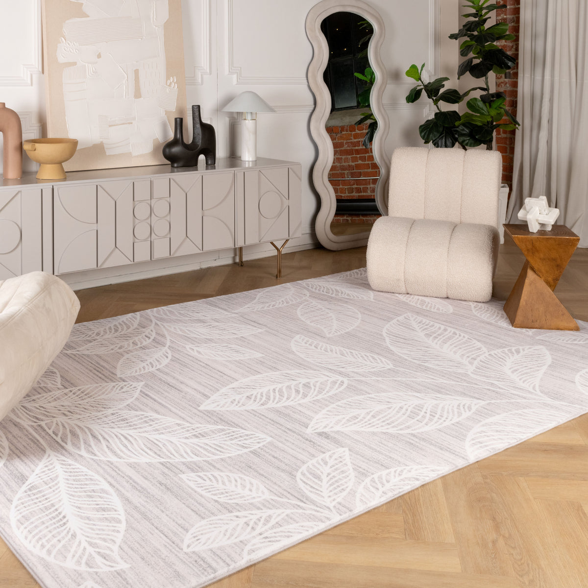 Arbor Botanical Leaf Comtemporary Cream and Beige Indoor Rug