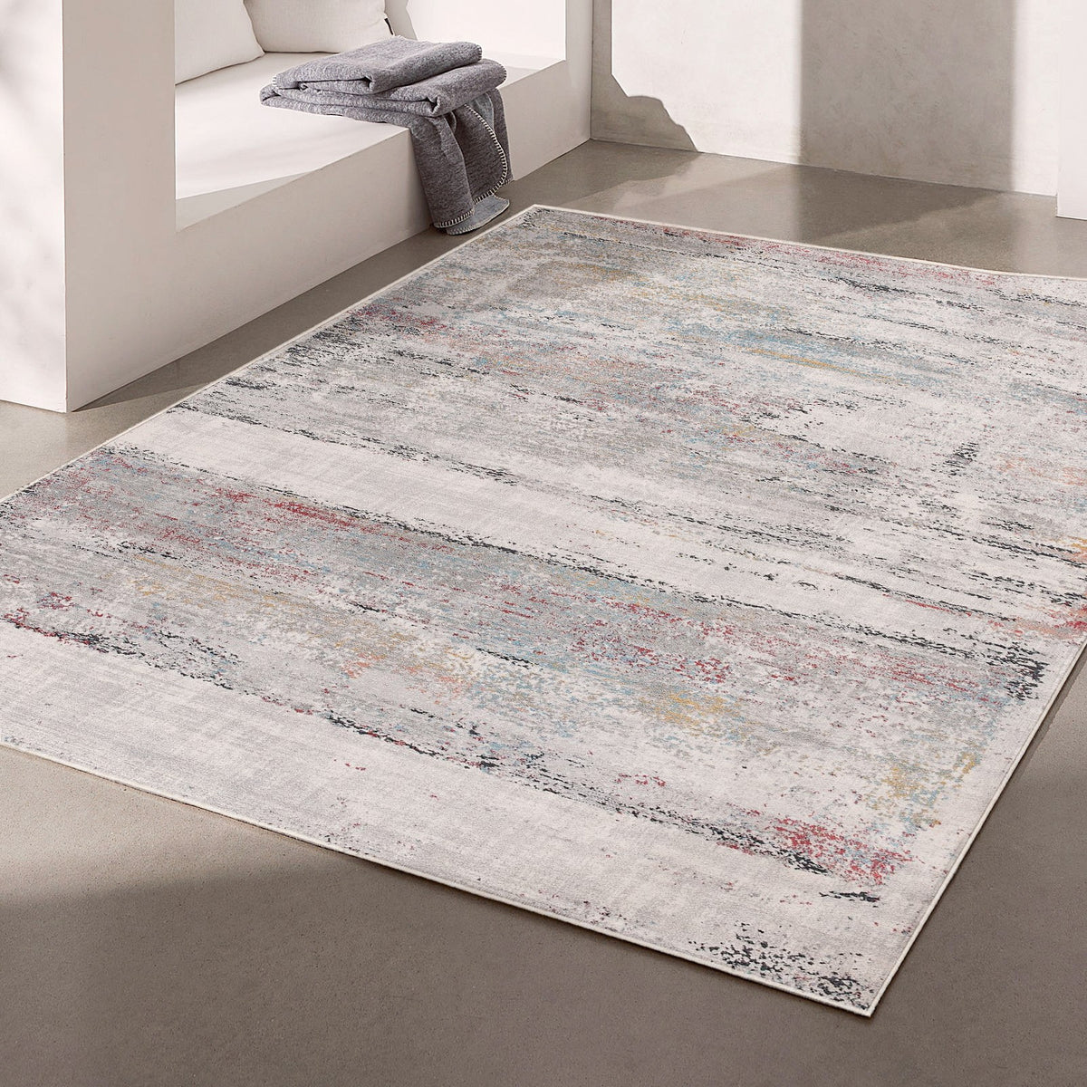 Esker Distressed Abstract Comtemporary Grey and Red Indoor Rug