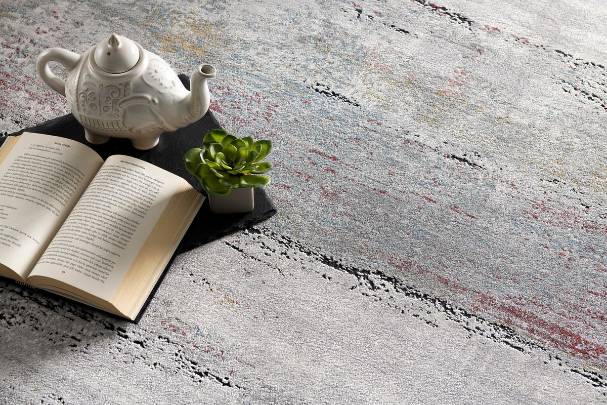 Esker Distressed Abstract Comtemporary Grey and Red Indoor Rug