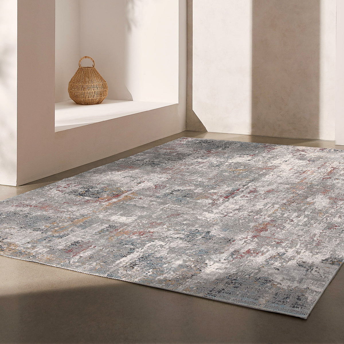 Aeris Distressed Abstract Comtemporary Grey and Red Indoor Rug