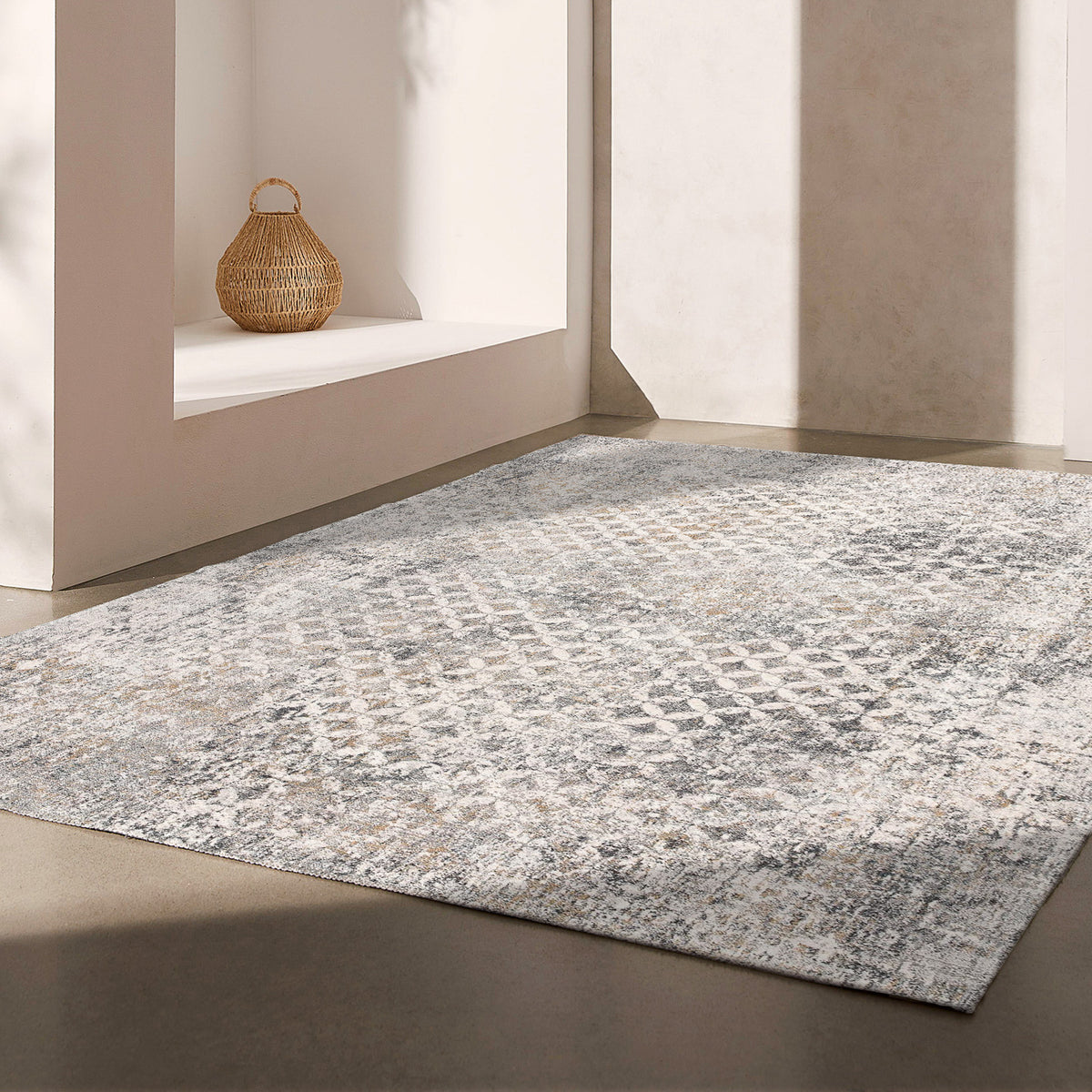 Aurelia Distressed Geometric Comtemporary Grey and Red Indoor Rug