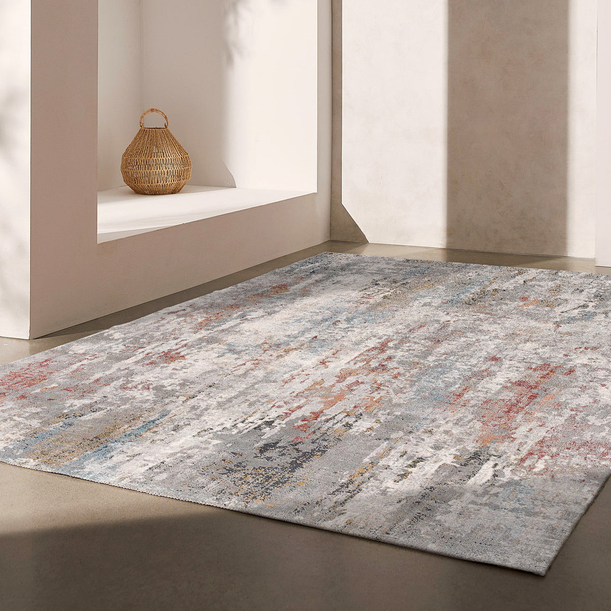 Tessera Distressed Abstract Comtemporary Grey and Red Indoor Rug