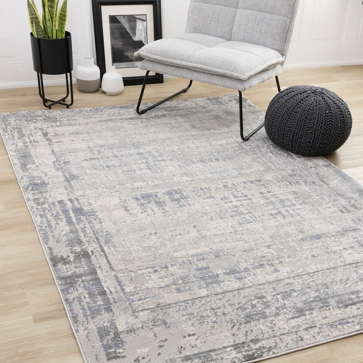 Contemporary Border Organic Grey Area Rug