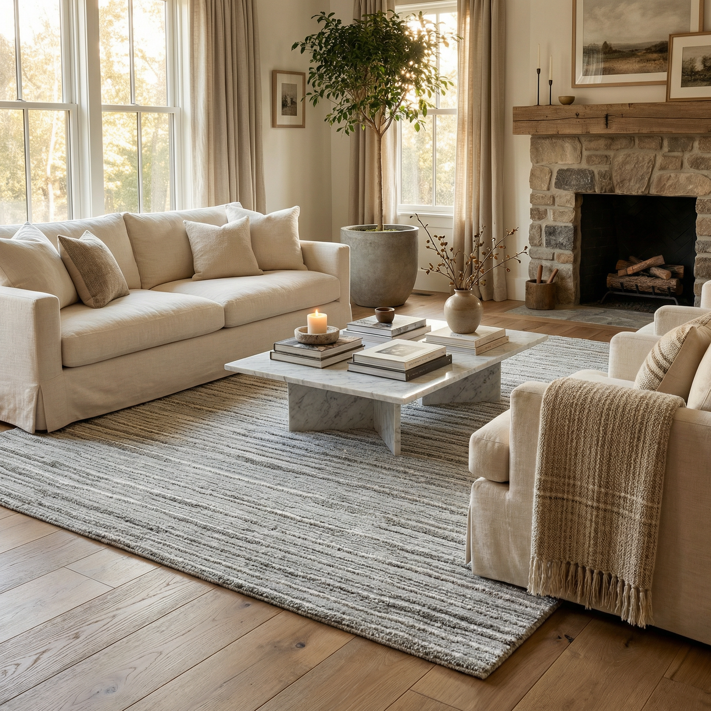 Sama Striped Modern Grey and Cream Indoor Rug