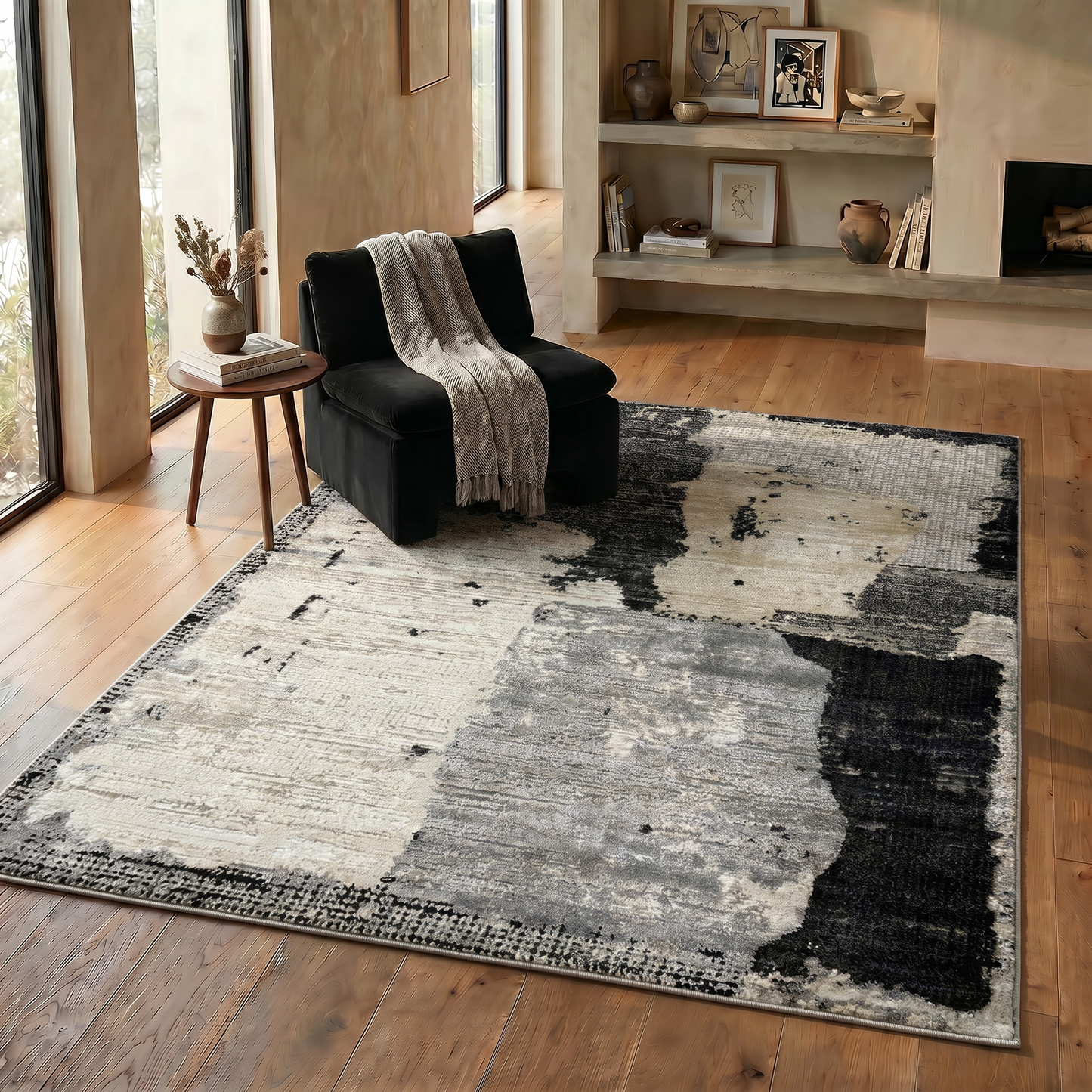 Atlas Abstract Patchwork Modern Black and Beige Indoor Rug