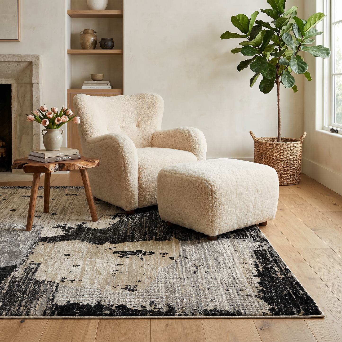 Atlas Abstract Patchwork Modern Black and Beige Indoor Rug