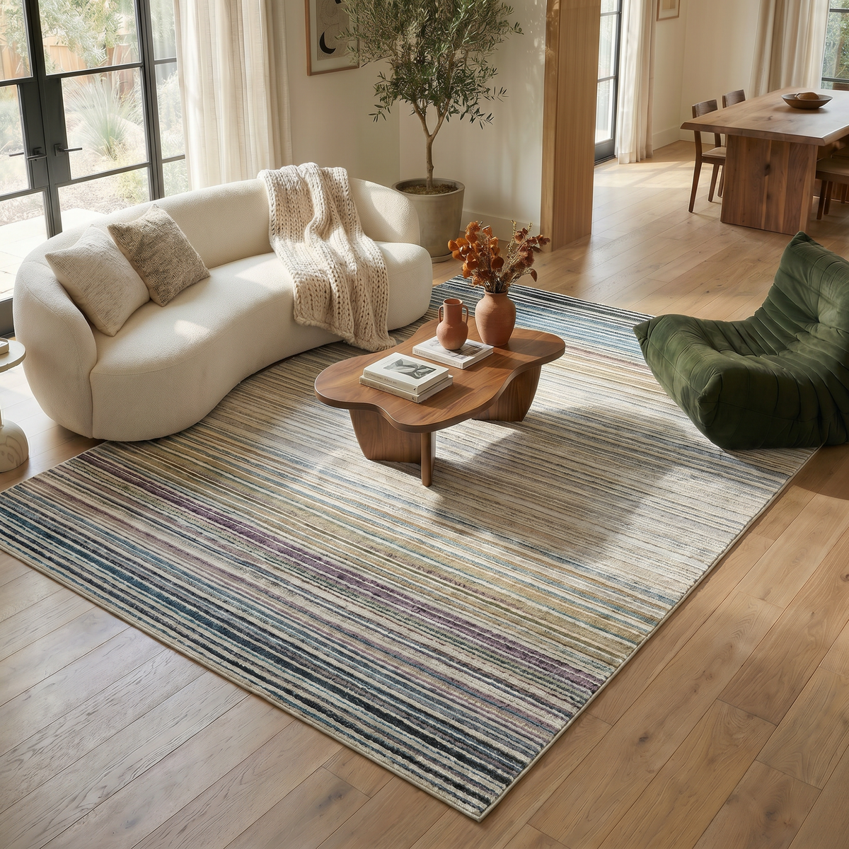 Mika Striped Contemporary Beige and Blue Indoor Rug