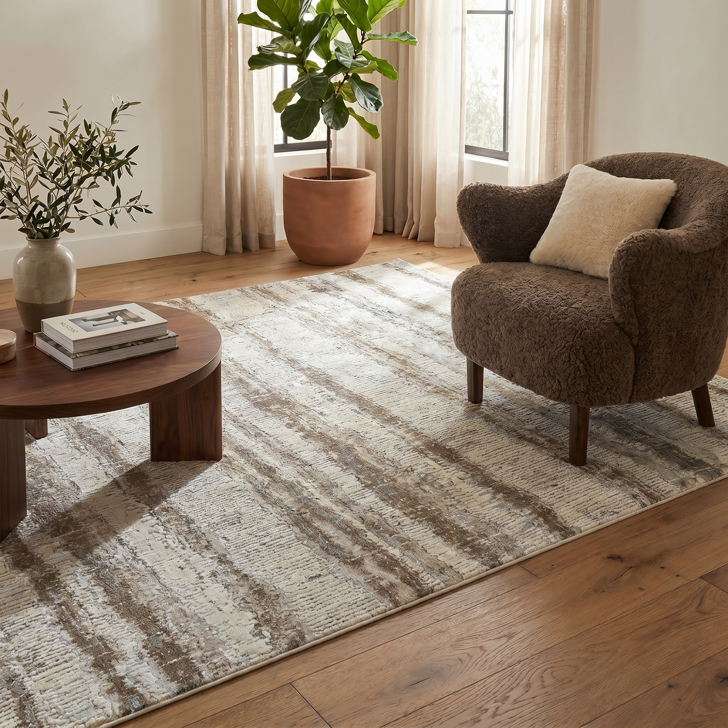 Elva Striped Contemporary Beige and Brown Indoor Rug