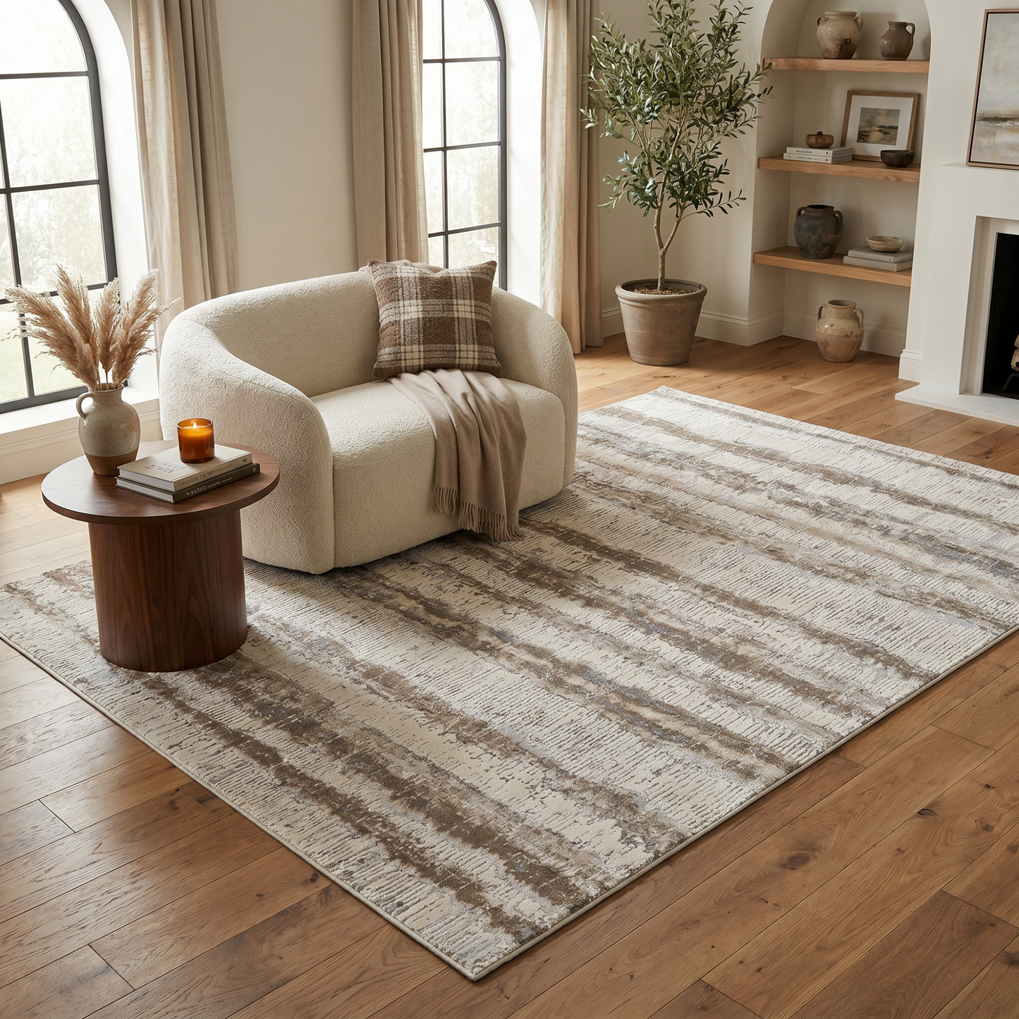 Elva Striped Contemporary Beige and Brown Indoor Rug