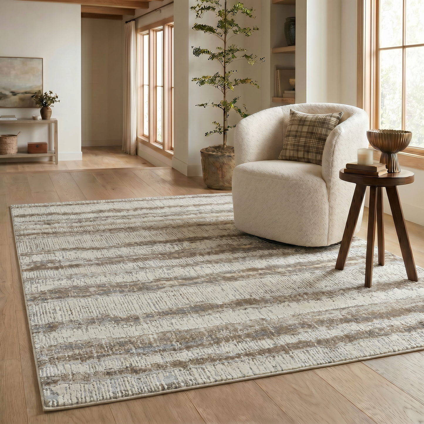 Elva Striped Contemporary Beige and Brown Indoor Rug