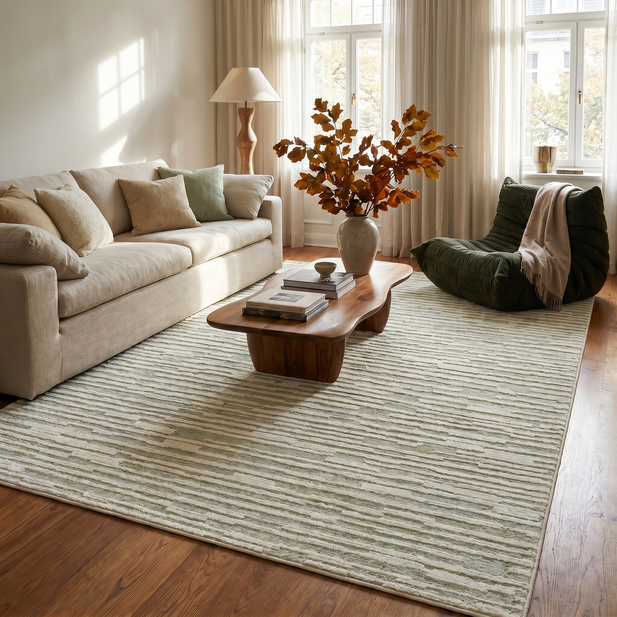 Riva Abstract Contemporary Green and Beige Indoor Rug