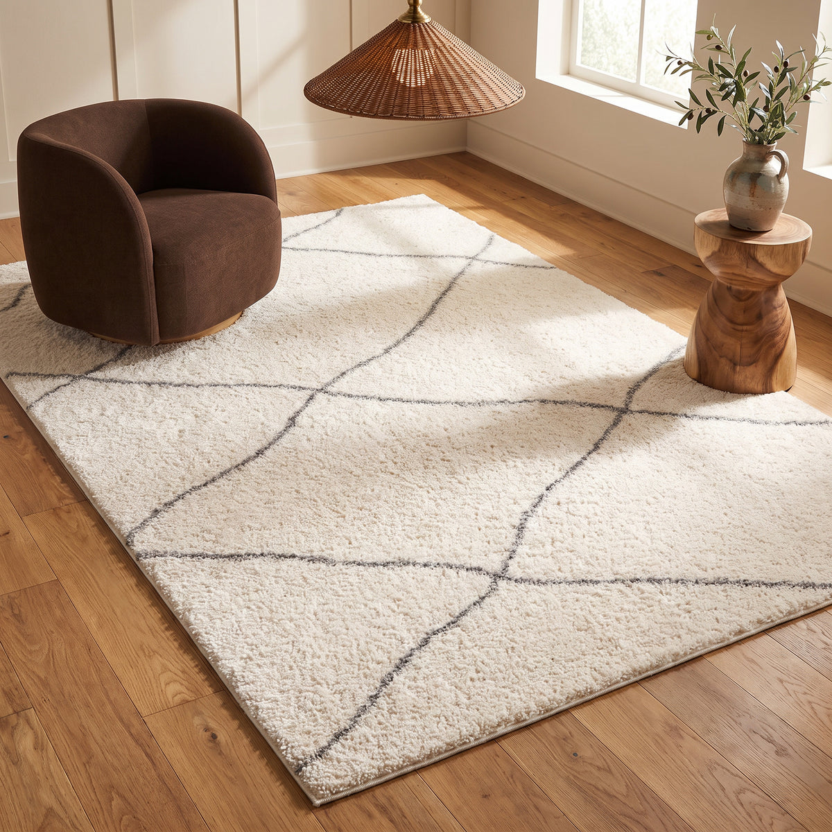 Tapis Linea à treillis contemporain blanc et gris