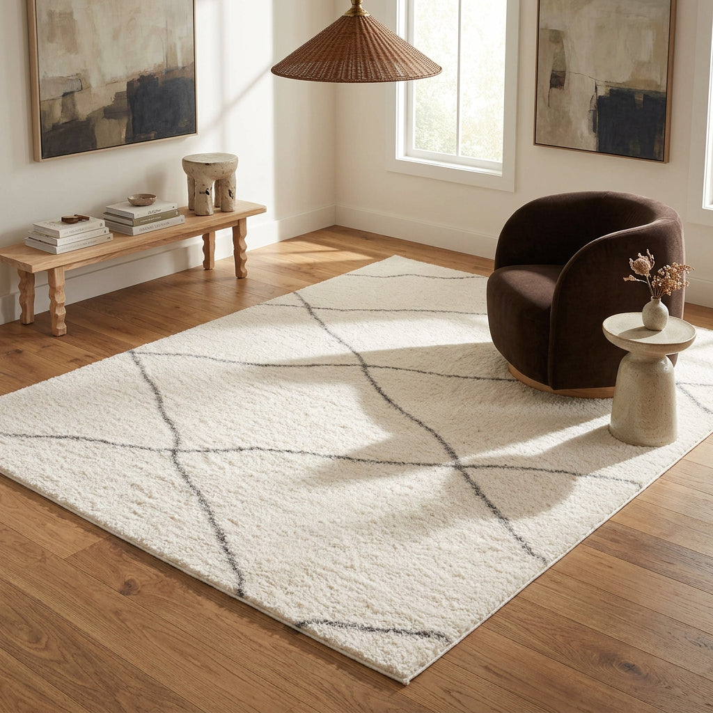 Tapis Linea à treillis contemporain blanc et gris