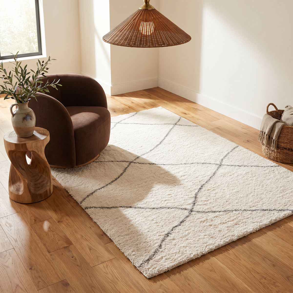 Tapis Linea à treillis contemporain blanc et gris
