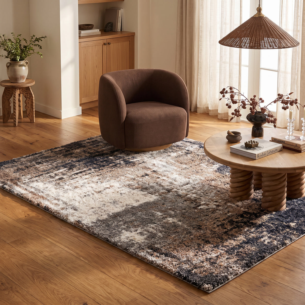 Tapis Sumi abstrait contemporain gris et blanc