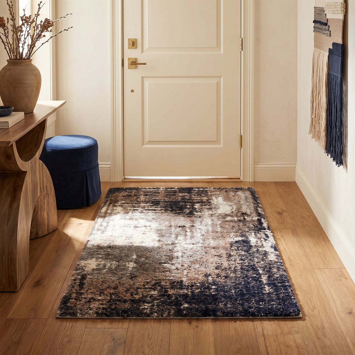 Tapis Sumi abstrait contemporain gris et blanc