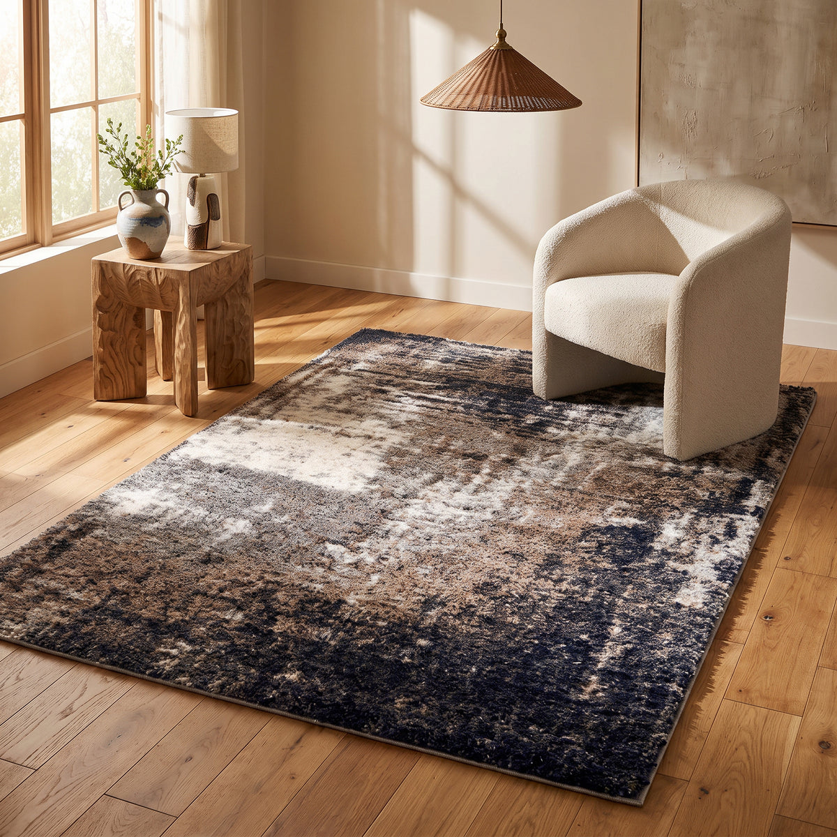 Tapis Sumi abstrait contemporain gris et blanc