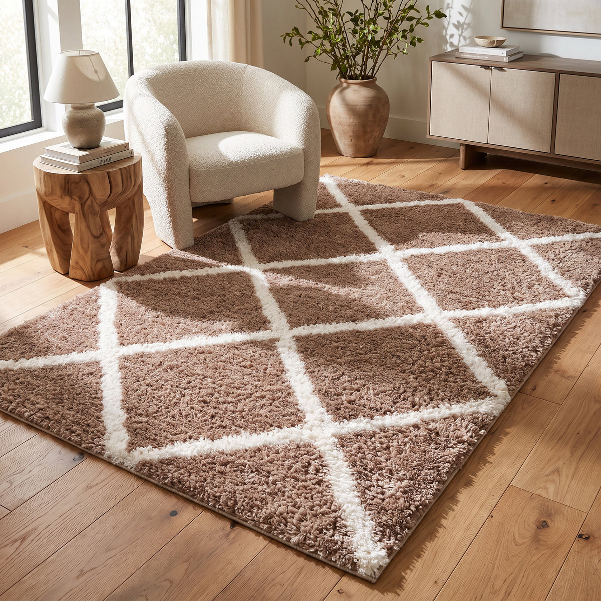 Tapis Terra à treillis contemporain brun et blanc