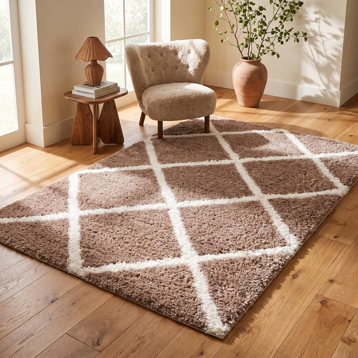 Tapis Terra à treillis contemporain brun et blanc