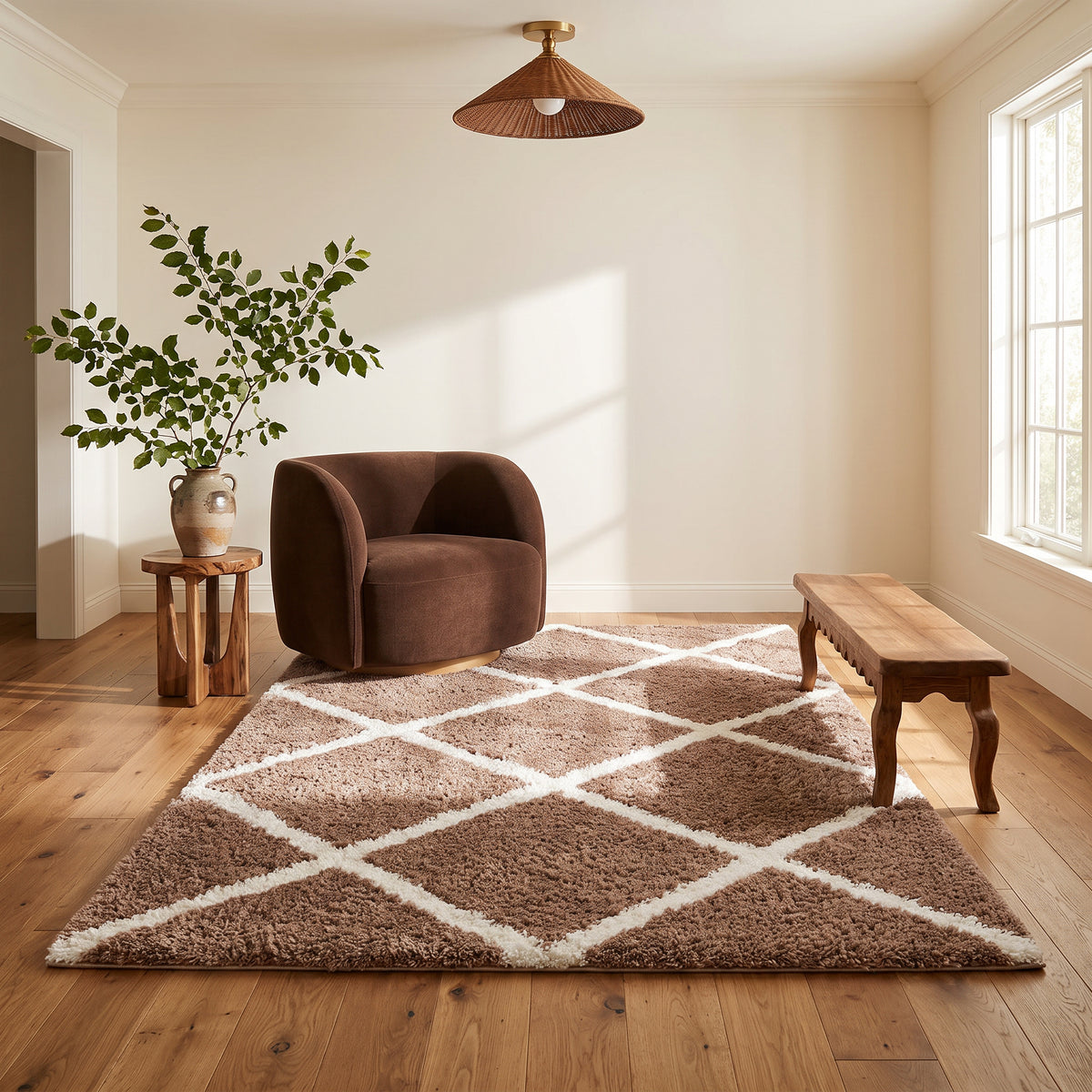 Tapis Terra à treillis contemporain brun et blanc