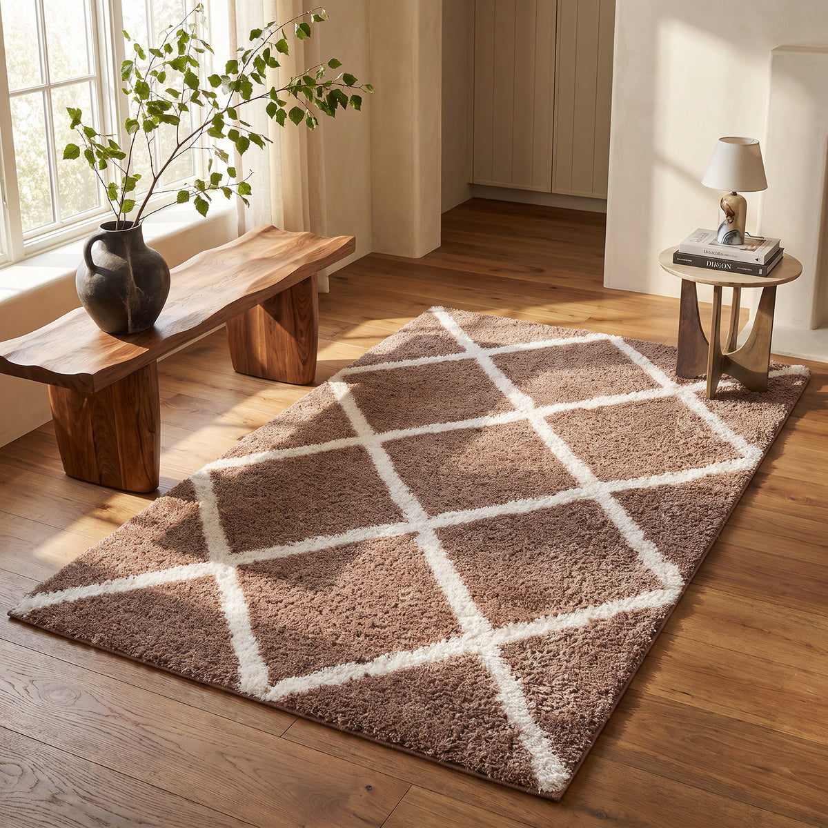 Tapis Terra à treillis contemporain brun et blanc