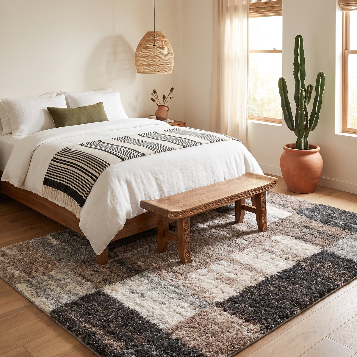 Tapis Sora géométrique contemporain marron et blanc