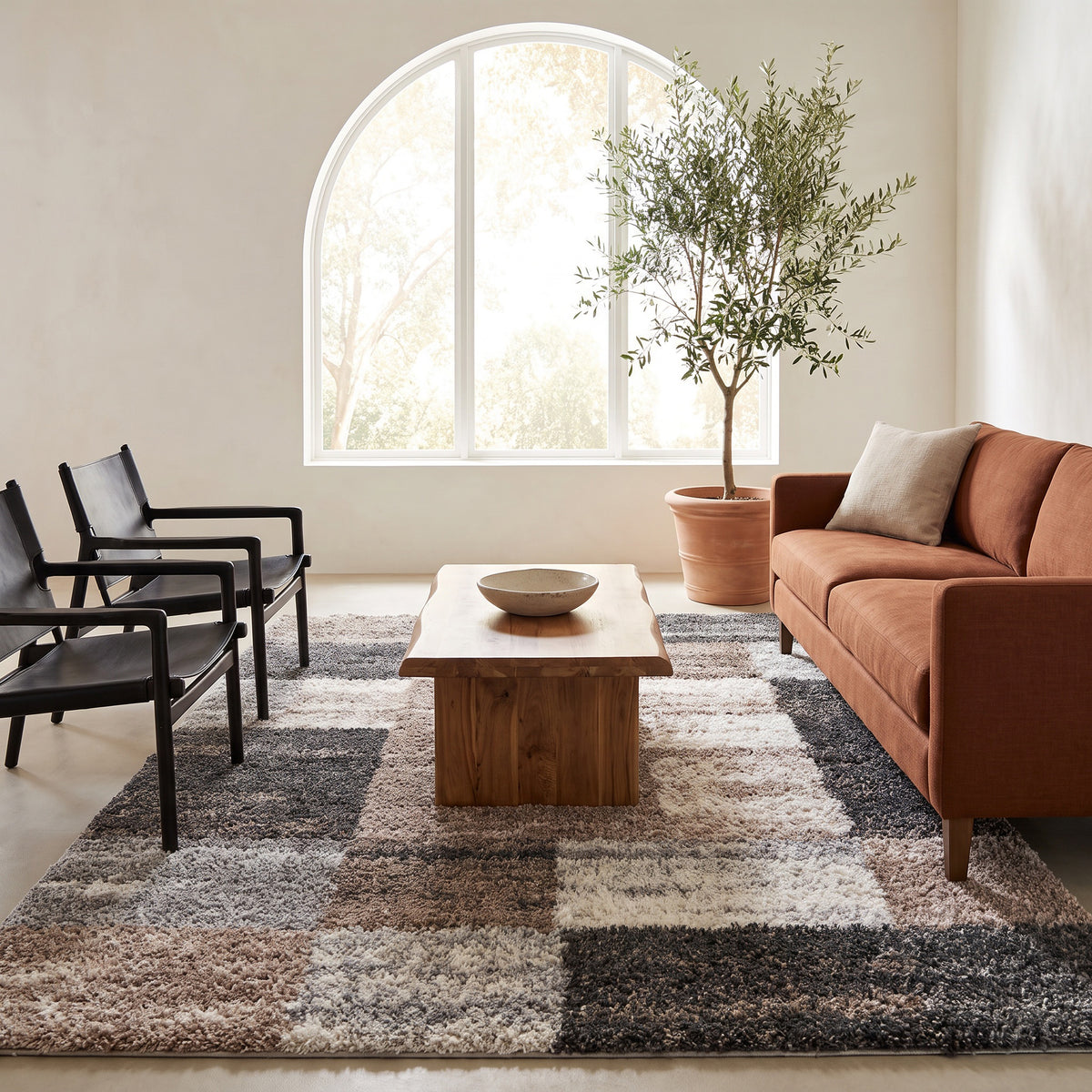 Tapis Sora géométrique contemporain marron et blanc