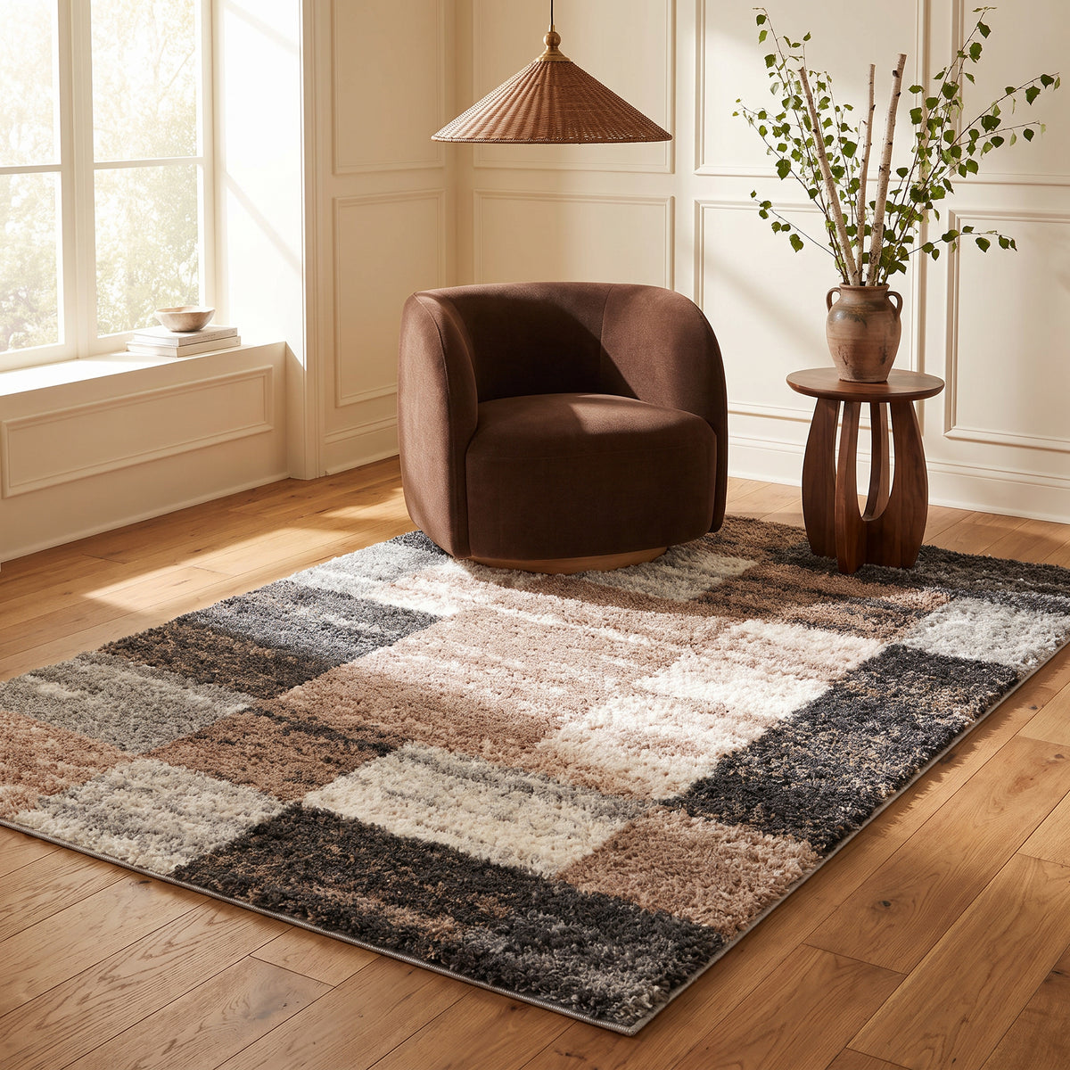 Tapis Sora géométrique contemporain marron et blanc