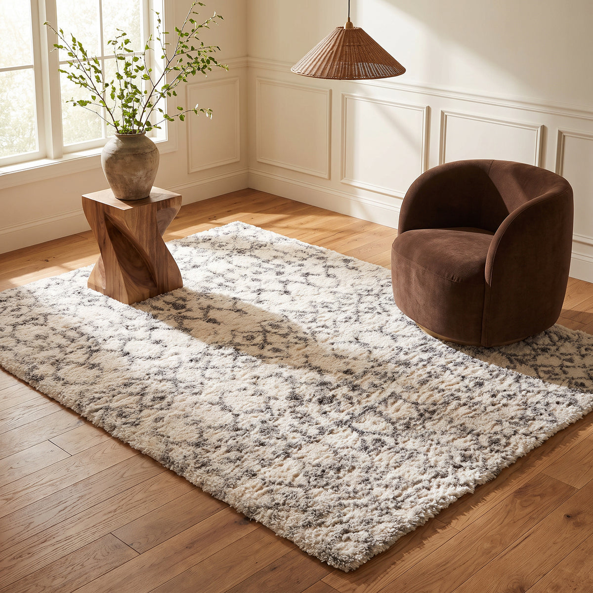 Alfombra Freya boho contemporánea en beige y gris