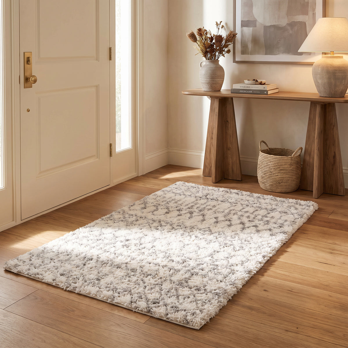 Alfombra Freya boho contemporánea en beige y gris