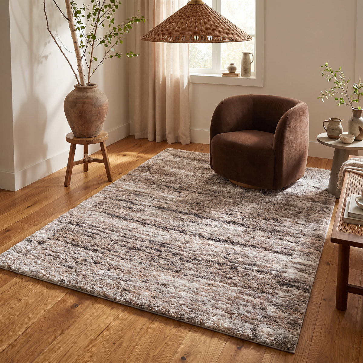 Tapis Soren ton sur ton rayé contemporain beige et marron