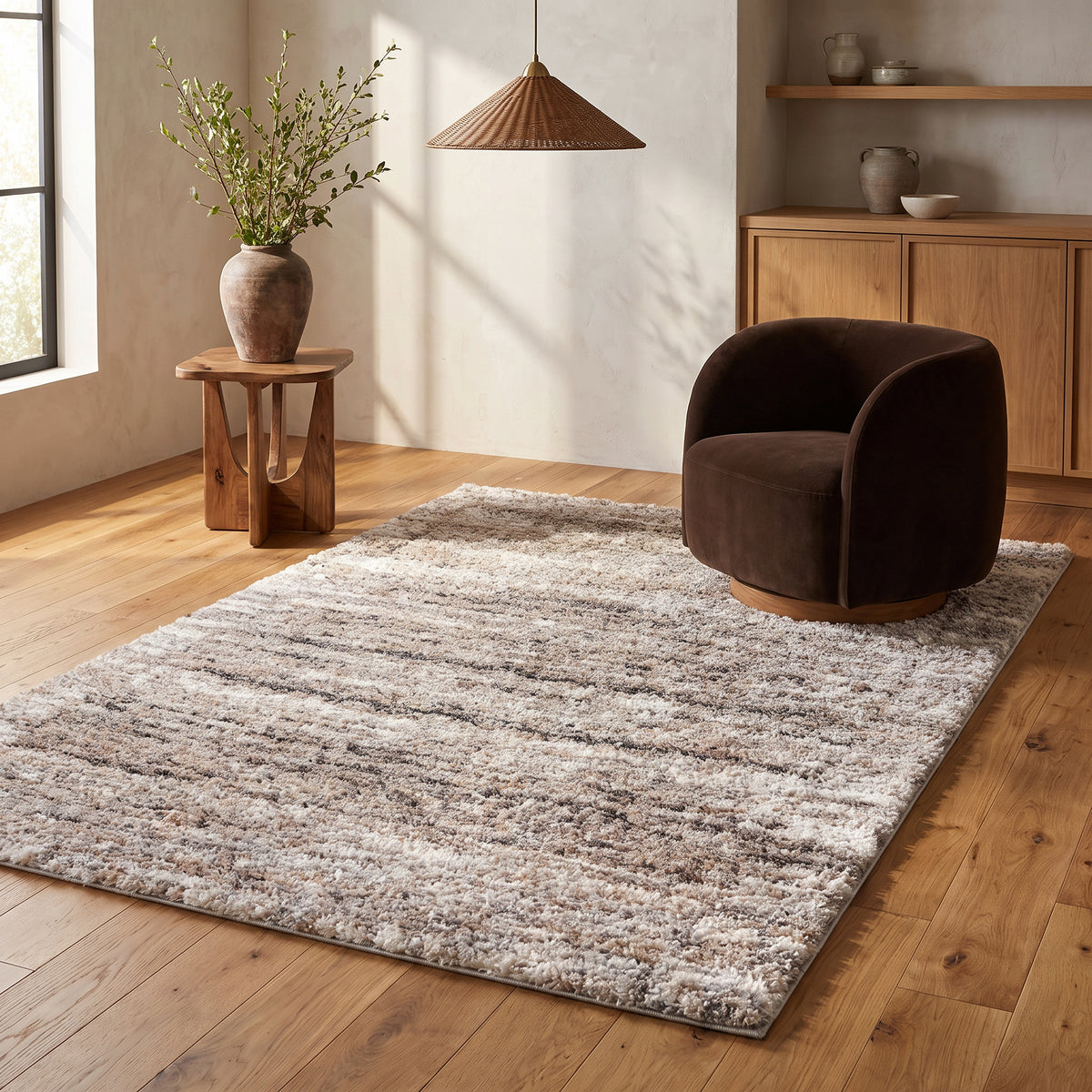 Tapis Soren ton sur ton rayé contemporain beige et marron