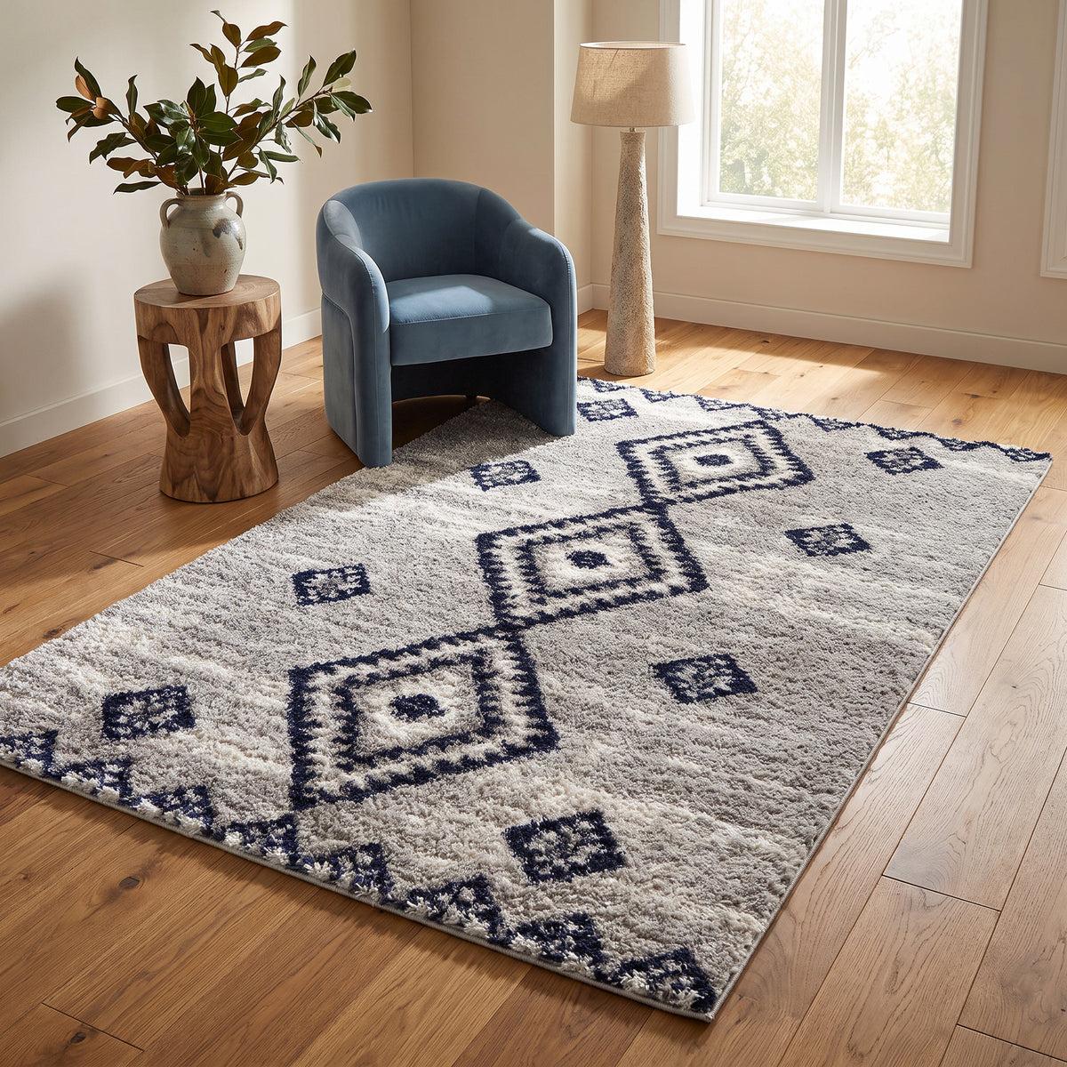 Tapis Azel marocain contemporain gris et bleu