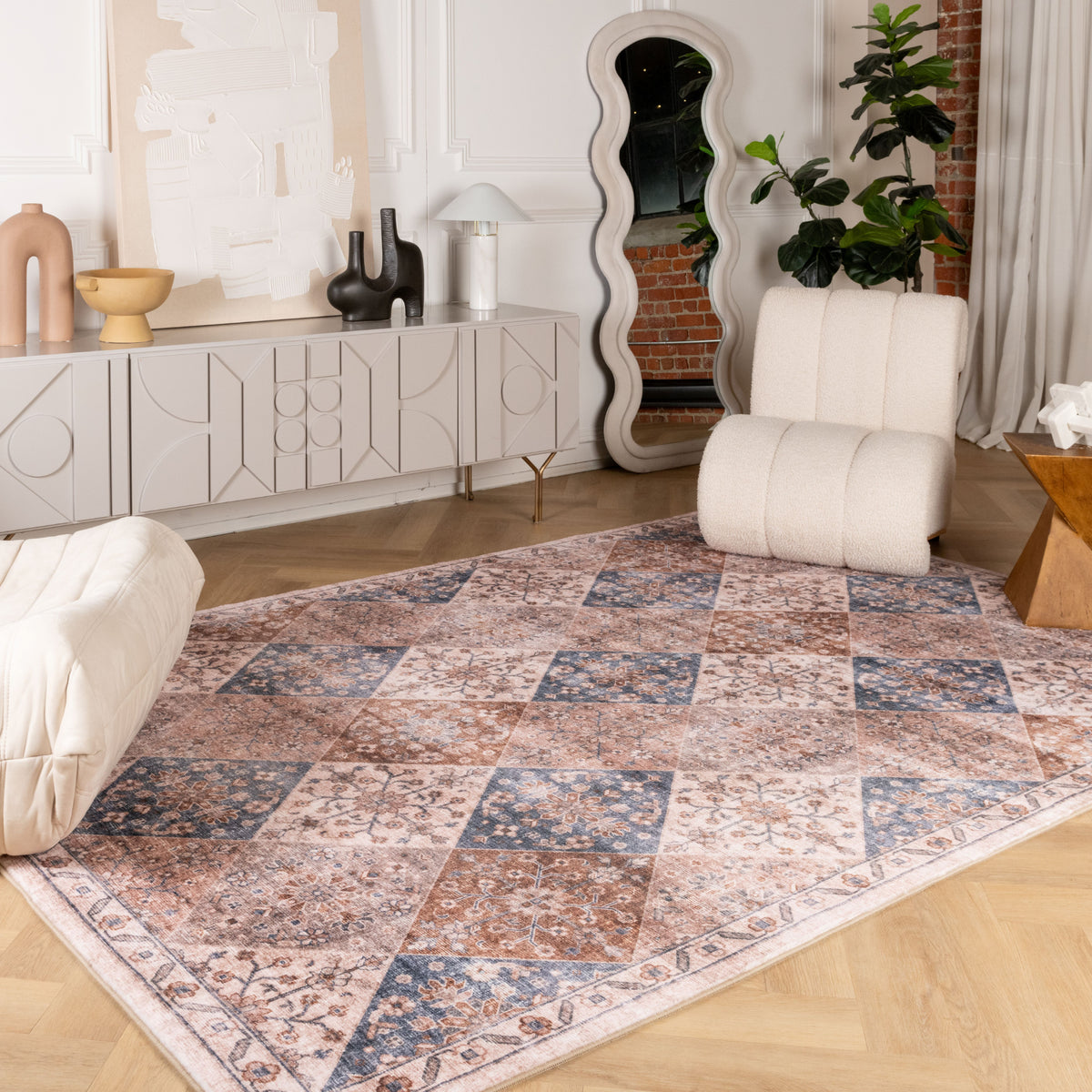 Anika Patchwork Traditional Brown and Cream Indoor Rug