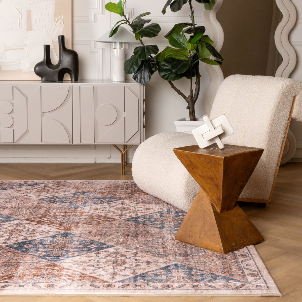 Anika Patchwork Traditional Brown and Cream Indoor Rug