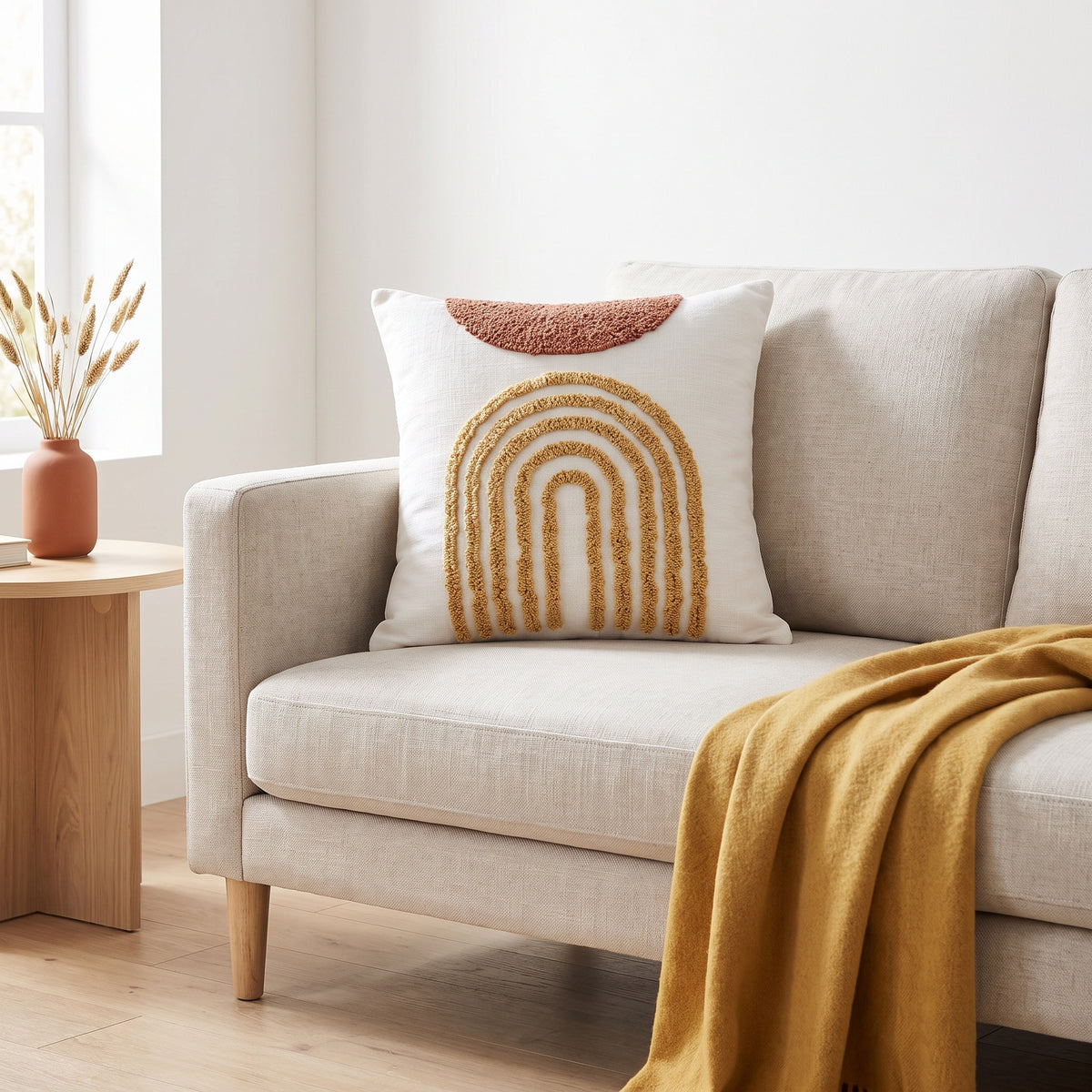Rhea Tufted Rainbow White Pillow in a room